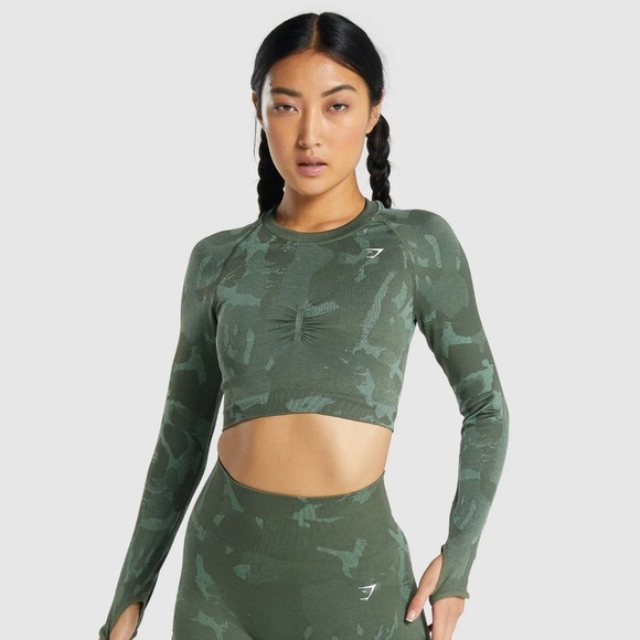 Gymshark Adapt Camo Seamless Long Sleeve Crop Top - Savanna | Green XS - Picture 1 of 5